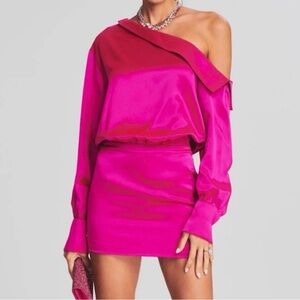 Retrofete Fuchsia One-Shoulder Satin Long-Sleeve Mini Dress